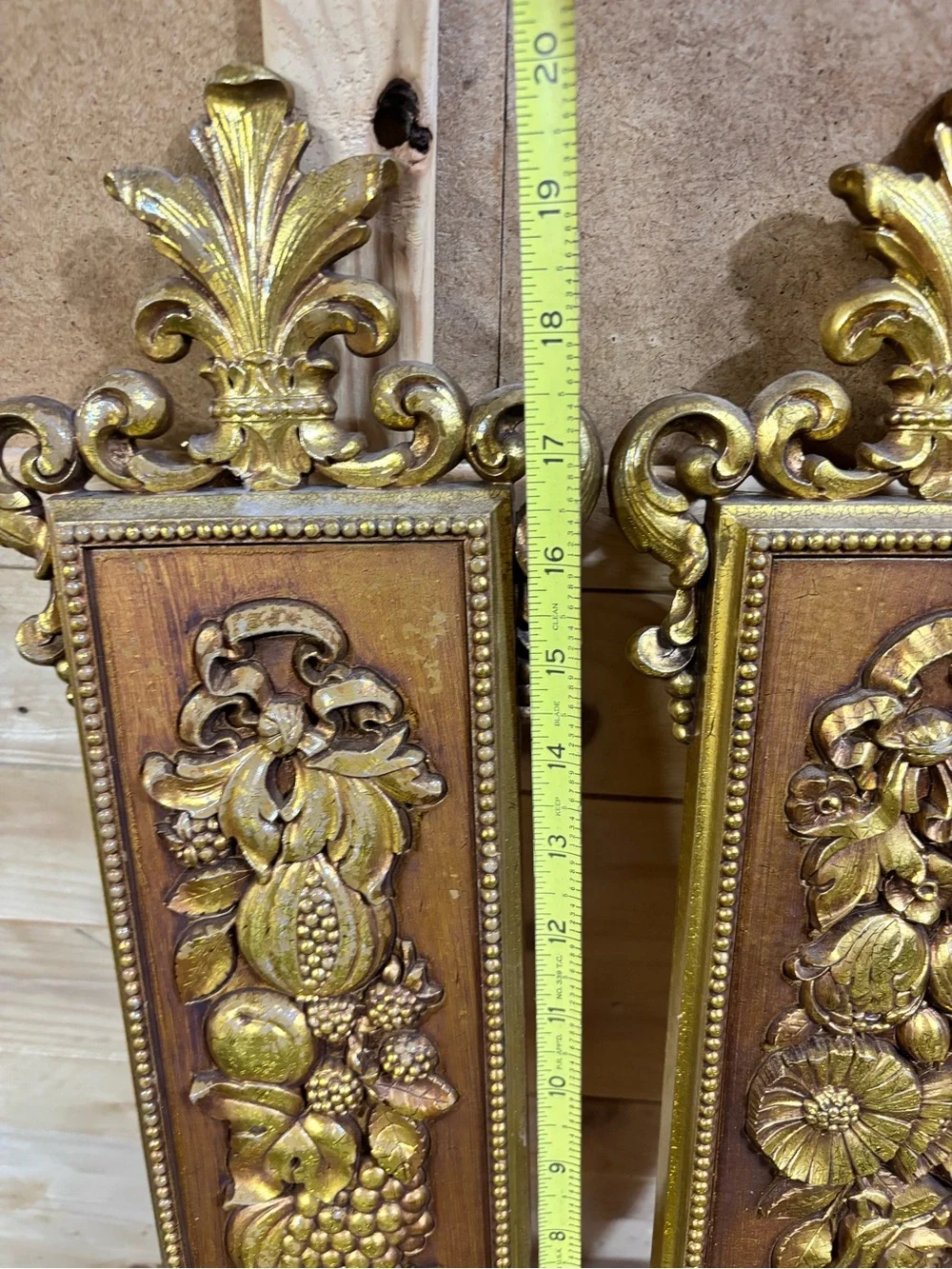 Vintage Gold Fruit Floral Wall Plaques Pair of 2 Hollywood Regency Baroque Decor